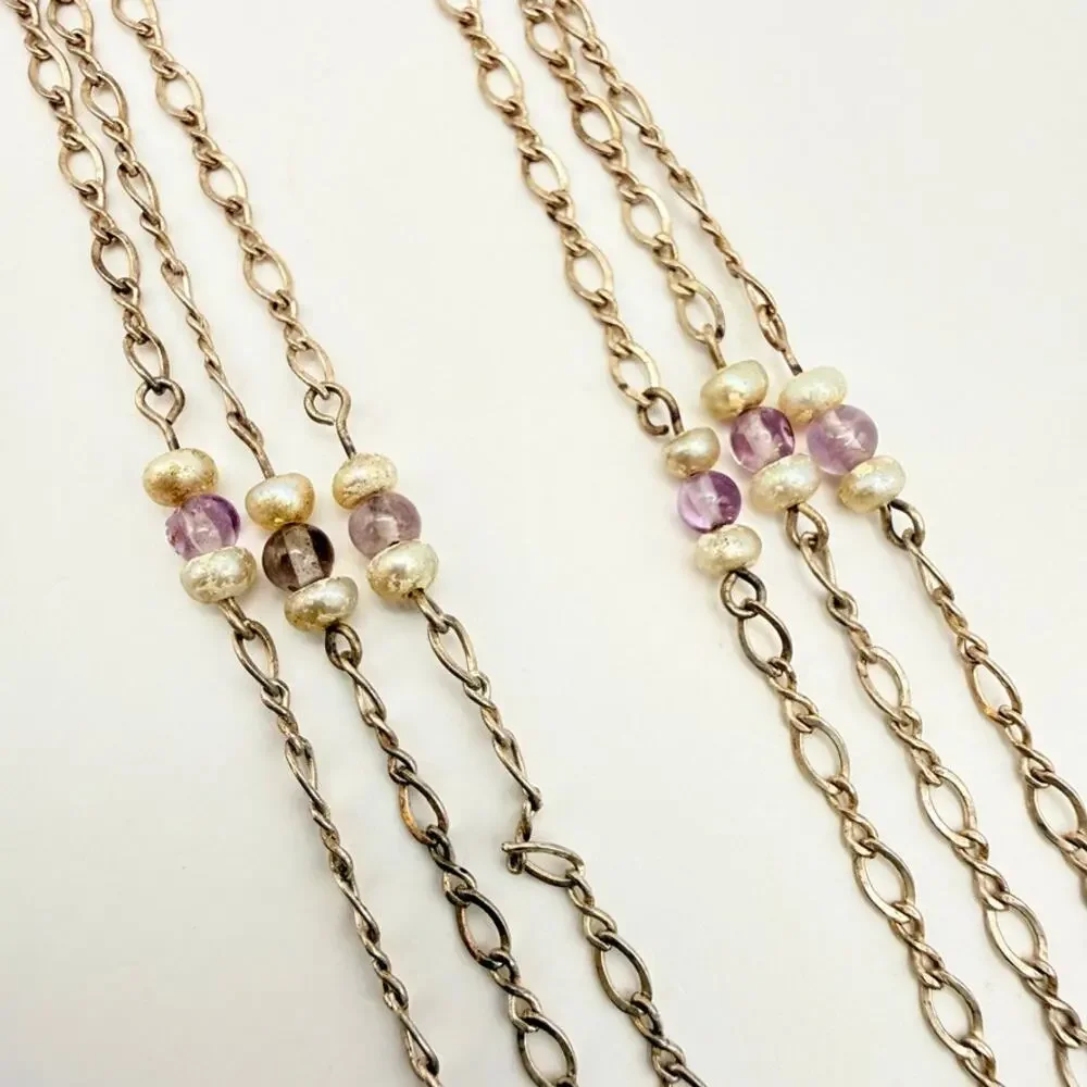 Vintage 925 Silver 3 Strand Figaro Chain Necklace Pearl Amethyst Beads 14